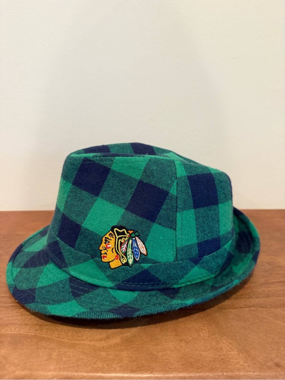 Green & Navy Plaid Fedora Hat with Embroidered Native Head Patch